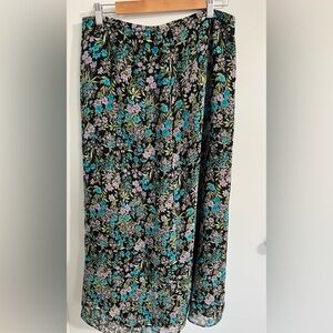 Laura Ashley Black Floral Skirt Teal Lavender Flowers 100% Silk Cottage Core